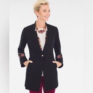 Chico's Size 0 (Small) Black Embroidered Floral Button Ponte Jacket w/Pockets